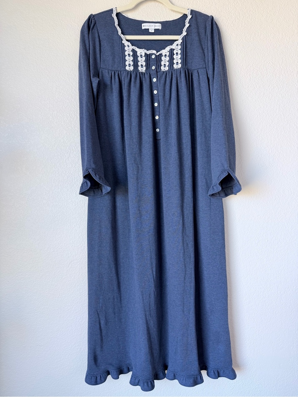 Eileen West Navy Blue Cotton Blend Crochet Lace Long Sleeve Nightgown Size S